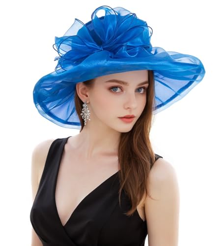 Derby Hats for Women 2026 Women's Elegant Organza Kentucky Fascinator for Church, Tea Party, Weddings Hats - color: Hat1-blue