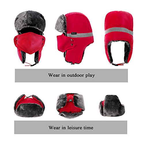 Winter Trapper Hats Ushanka Russian- Men Women Trooper Ear Flaps Hunting Face Masks Ski Snow Cold Weather - color: Red