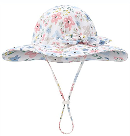 Baby Girl Sun Hat Infant Summer Beach Hat Toddler Bucket Hat UPF 50+ - color: A-blueflower, size: 0-6 Months