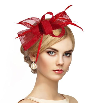 Zinniday Victoria Tea Party Hat - 2025 Bow Derby Attire Hats with Hairpin,1920s 50s Feather Fascinators for Women - color: Red