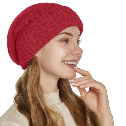 Facecozy Satin Lined Beanie for Women Soft Satin Lining Slouchy Winter Hats - color: Wine Red