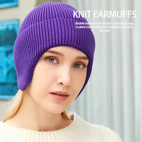Winter Beanie Hats for Men Outdoor Stretchy Knit Ski Caps with Earflap Windproof - color: Purple