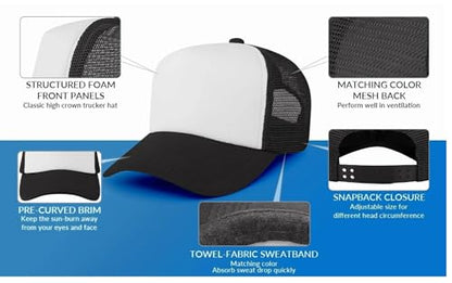Trucker Hat for Men & Women, Mesh Back Baseball Cap, Adjustable Snapback, Breathable Lightweight Black Cap - color: White & Black (Pack of 5)