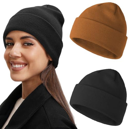 vidsel 100% Cotton Beanie Hat-Unisex Winter Knit Cuffed Beanies Skull Cap - color: 2pcs - Black, Coffee