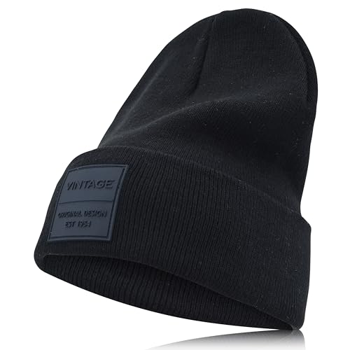 VINTAGE HAVANA Beanie for Women & Men | Thick Cuffed Knitted Winter Hat Beanies Unisex Skull Caps| Vintage Logo Patch - color: Black