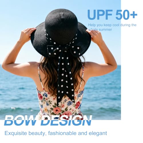 DRESHOW Sun Hats for Women Travel Fedora Foldable Beach Sun Hat Summer Wide Brim Straw Bucket Hat with Bowknot UPF 50+ - color: 1 Pack Bowknot Straw Hat: Black (Black Polka Dot Band)