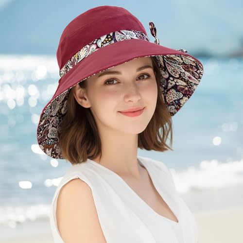 Women Bohemian Reversible Sun Hat Wide Brim Fishing Hats - color: Lac001-winered