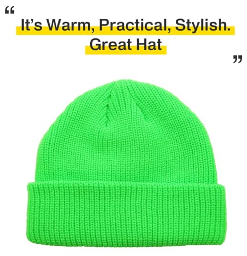 Fisherman Short Beanie Leon Roll up Trawler Classic Skullcap Hipster Beanie Warm Winter Hats Acrylic Ribbed Knit Cuff Daily - color: Neon Green