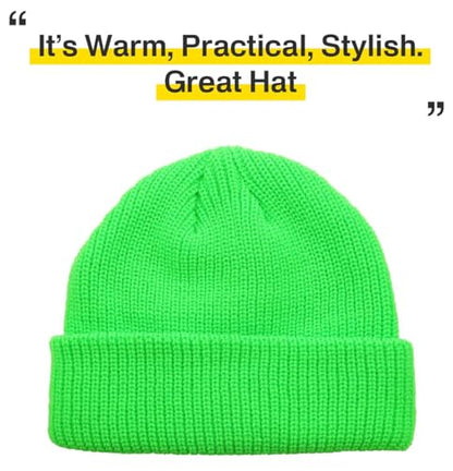 Fisherman Short Beanie Leon Roll up Trawler Classic Skullcap Hipster Beanie Warm Winter Hats Acrylic Ribbed Knit Cuff Daily - color: Neon Green