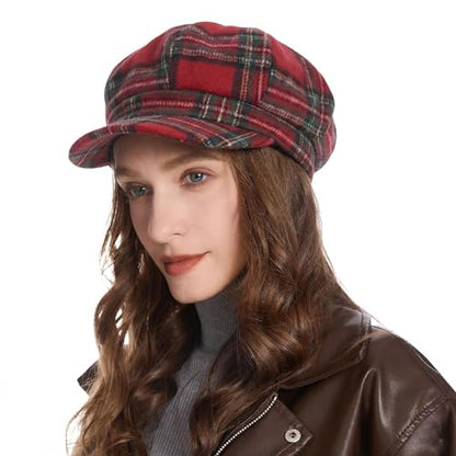 ZLYC Women Classic Newsboy Cap Visor 8 Panel Gatsby Cabbie Paperboy Hat - color: Tartan Plaid Red