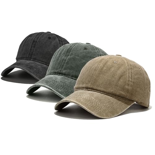 Baseball Cap 3 Pack, Vintage Distressed Cotton Dad Hats for Women Men - color: Black, Dark Green, Khaki