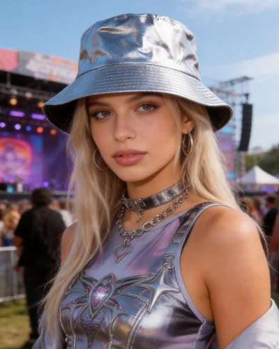 BOLLEY JOSS Unisex Holographic Bucket Hat Reversible Double-Side-Wear Bucket Hat Waterproof Outdoor Travel Sunhat Punk Hats - color: Silver, size: Medium