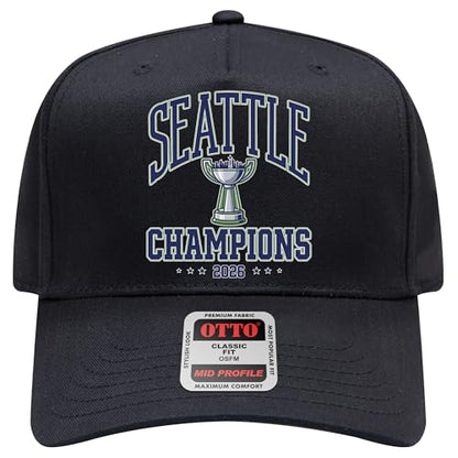 Seattle 2026 Champions Hat | Premium Adjustable Snapback Baseball Trucker Hats for Men & Women - color: Black Skyline