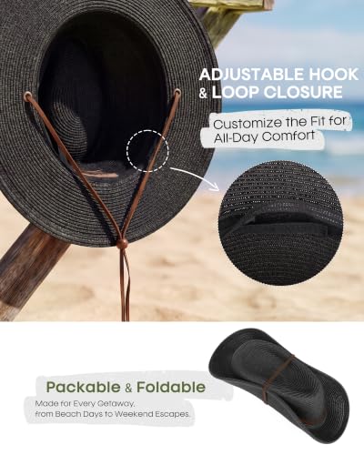 FURTALK Sun Hat Panama Fedora Straw Beach Hat with Wind Lanyard UPF - color: Black, size: Large-X-Large