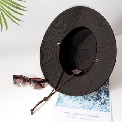DRESHOW Womens Summer Straw Sun Hat Wide Brim Bucket Hats Fedora Hat Panama Beach Hat with Chin Strap UPF 50+ - color: 1 Pc Panama Fedora: Black