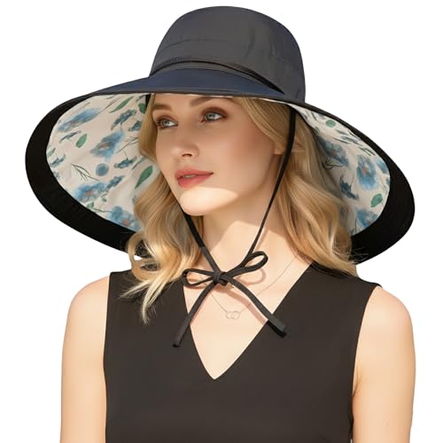Wide Brim Sun Hat for Women Reversible Beach Hats Metal Wired Edge Gardening Hats, UPF 50+ Bucket Summer Hat - color: Black