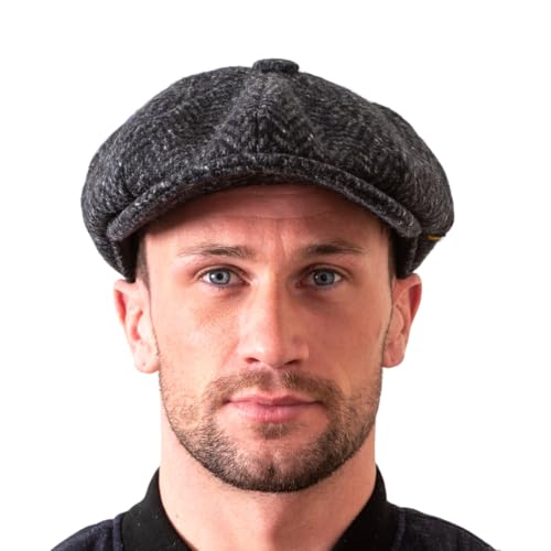 Hatman of Ireland Men's 100% Kerry Woollen Mills Tweed 8 Piece Cap Irish Newsboy Hat, Made in Ireland - color: Charcoal, size: Large