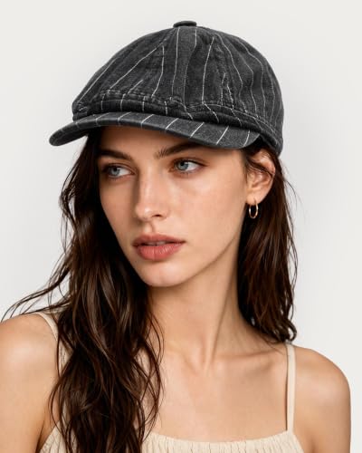 Clakllie Octagonal Newsboy Hat with Chic Stripe Design Herringbone Ivy Cabbie Hat Denim Cotton Gatsby Driving Cap for Daily - color: Black-bl63