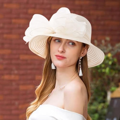Haoohu Women's Church Derby Hat Wide Brim Bow Bucket Hat Wedding Dress Hat Fascinator Bridal Tea Party Hat - color: Beige
