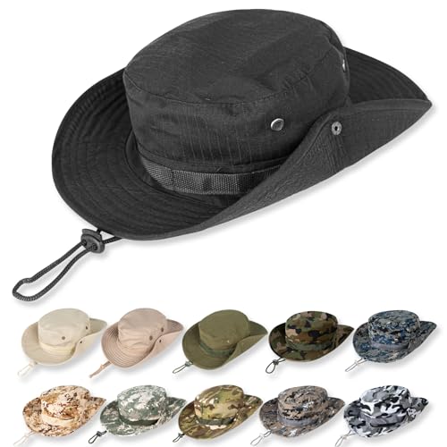 Sun Hats for Men Women Bucket Hat UPF 50+ Boonie Fishing Safari Hat - color: Black