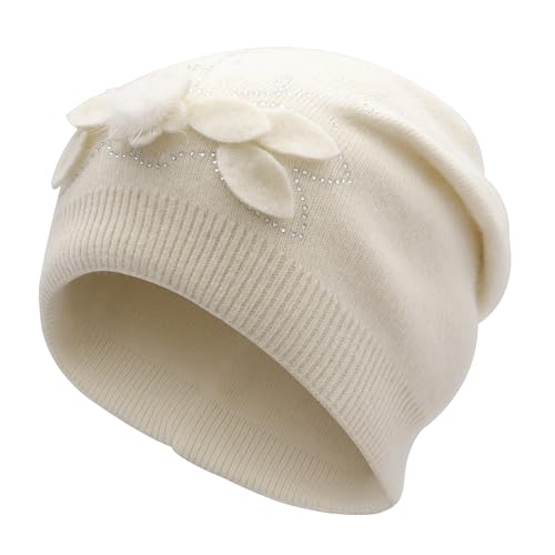 ZLYC Women Floral Slouchy Beanie Hat Double Layer Winter Knit Skull Cap - color: Small Pom Flowers White