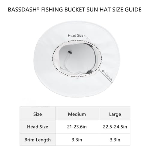 BASSDASH UPF 50+ Fishing Sun Hat Water Resistant Unisex Wide Brim Bucket Boonie Hat for Hiking Camping Safari FH15 - color: White, size: Medium