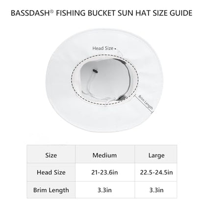 BASSDASH UPF 50+ Fishing Sun Hat Water Resistant Unisex Wide Brim Bucket Boonie Hat for Hiking Camping Safari FH15 - color: White, size: Medium