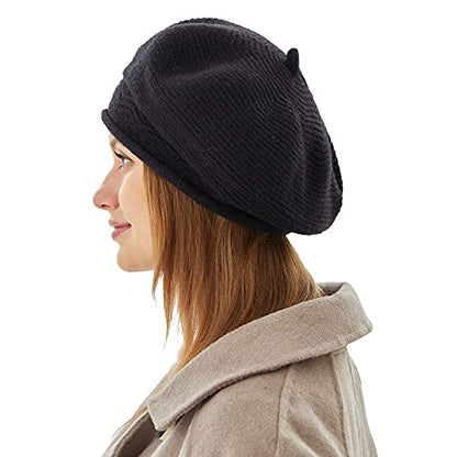 FENELY Beret Hat for Women, French Style Beanie Winter Fashion Warm Thickened Lining Knit Cap - color: Black
