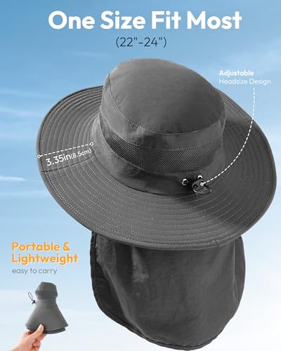 Sun Hats for Men Wide Brim Bucket Hat with Neck Flap for Fishing & Hiking Mens Sun Hat for UV Protection - color: Dark Grey