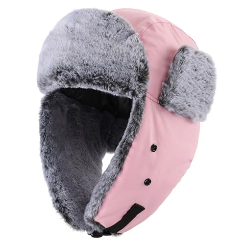 Connectyle Trapper Hat for Men Women Faux Fur Trooper Trapper Winter Hat with Ear Flaps Waterproof Ushanka Hunting Hats - color: Pink