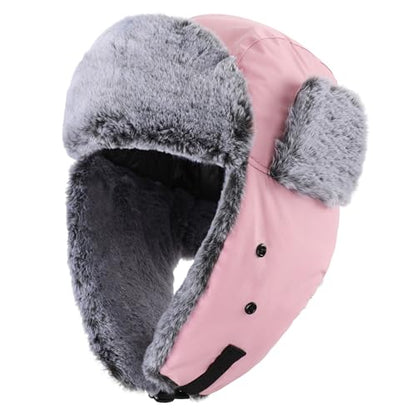 Connectyle Trapper Hat for Men Women Faux Fur Trooper Trapper Winter Hat with Ear Flaps Waterproof Ushanka Hunting Hats - color: Pink