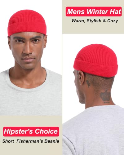 Short Beanie for Men Women, Wool Knit Cuff Winter Fisherman Hats - color: 1pcs-red