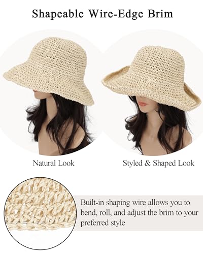 Womens Crochet Straw Sun Hat Foldable Floppy Wide Brim Beach Hat for Summer - color: Beige