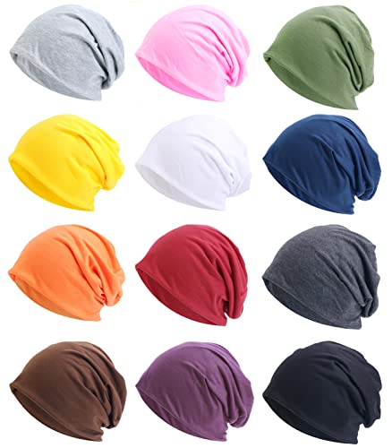 Tergy 4/10/12 Pieces Unisex Beanie Hats for Men Women Slouchy Beanie Hip-Hop Caps Lighweight Soft Skull Caps for Chemo Sleep - color: 12 Multicolors