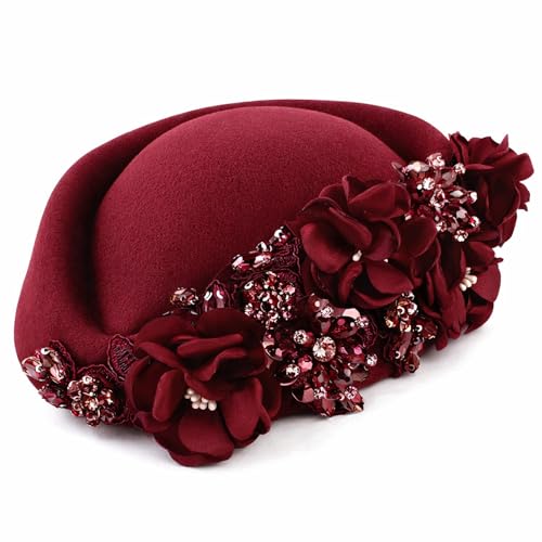Petaluna Women's Flower Beret Suitable for Church Wearing Elegant Breathable Wedding Party Retro French Headdress - color: Claret
