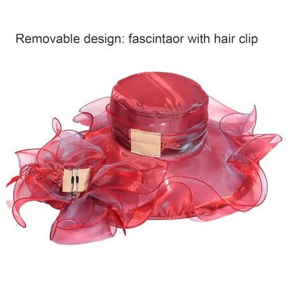 Women Oganza Sun Hat Church Wide Brim Wedding Formal Fascinator Hat - color: Wine Red