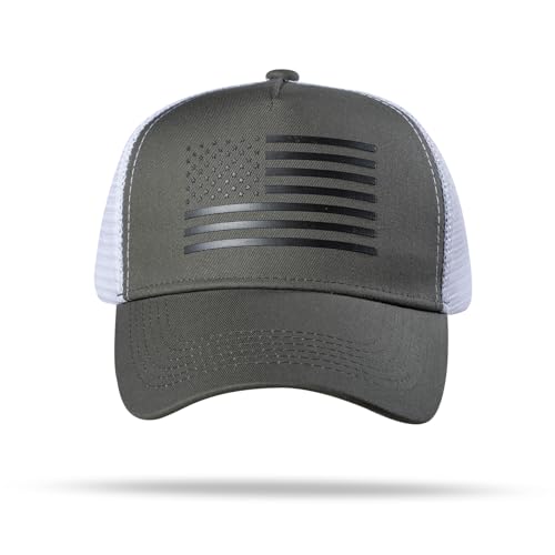 American Flag Trucker Hat - Snapback Hat, Baseball Cap for Men Women - Breathable Mesh Side, Adjustable Fit - for Casual Wear - color: Olive/White