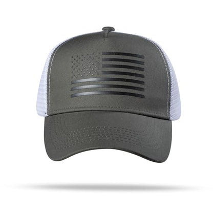 American Flag Trucker Hat - Snapback Hat, Baseball Cap for Men Women - Breathable Mesh Side, Adjustable Fit - for Casual Wear - color: Olive/White