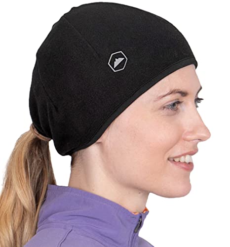 Tough Headwear Thermal Skull Cap - Moisture-Wicking Running Beanie - Wind-Blocking Cycling Cap - 4-Way Stretch Beanie for Men - color: Black (Ponytail)