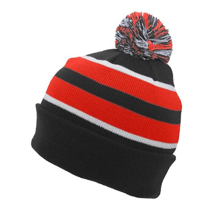 Pacific Headwear Unisex Adult Pacific Headwear Knit Fold Over Pom-pom Beanie - color: Black/Red/White, size: One Size