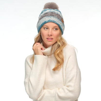 C.C Multi Color Space Dye Wool Stretchable Soft Warm Pom Beanie with Faux Fur Pom Knit Winter Skully Hat. - color: Grey Combo
