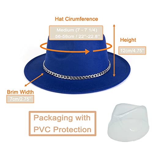 Women Men Wide Brim Fedoran Hat with Chain Belt Buckle - color: Blue