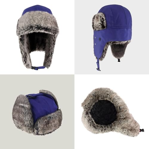 Waterproof Winter Trapper Ushanka Hat Ear Flap Chin Strap, Russian Style - color: Arctic (Royal)