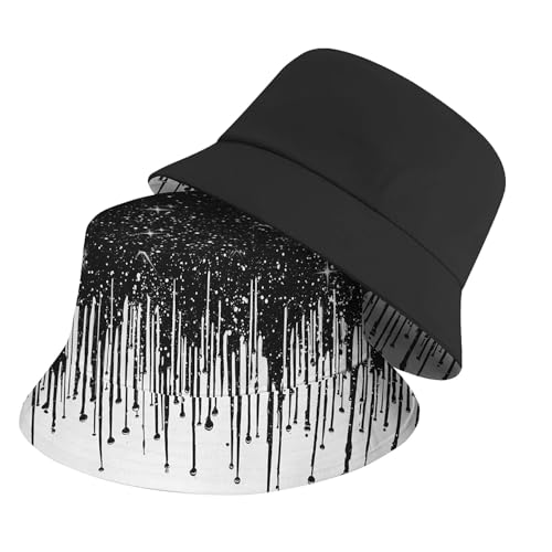 Amasnay Neon Bucket Hat Cotton Double-Side-Wear Reversible Sun Hat for Women Men, Summer Vacation Travel Beach Fisherman Hat - color: Black Star Drip Print