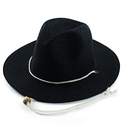 Women Straw Fedora Hat Summer Panama Beach Sun Hats UV UPF50+ Cap - color: Black