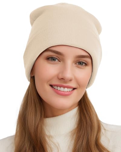 Womens Satin Lined Beanie Wool Silk Lining Slouchy Warm Skull Cap - color: 1pcs- Beige