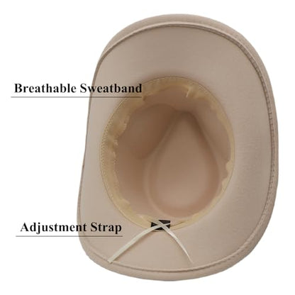 Western Cowboy Hat for Men Cowgirl Hat for Women Unisex Wide Brim Felt Fedora Hats Classic Cowboy Hats - color: Beige