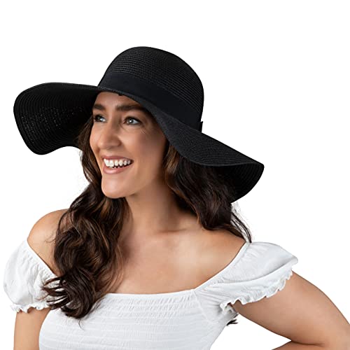 Women Floppy Sun Hat with Wide Brim—Foldable Roll-Up Straw Beach Hat UPF 50 - color: Black, size: Medium