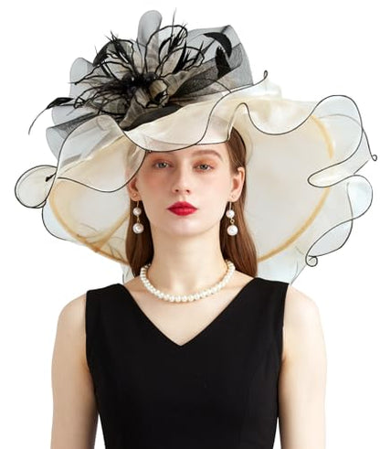 Women Organza Derby Hat Fascinator Tea Party Wedding Church Derby Hat Fascinator Hats Dual-use - color: 02b Beige