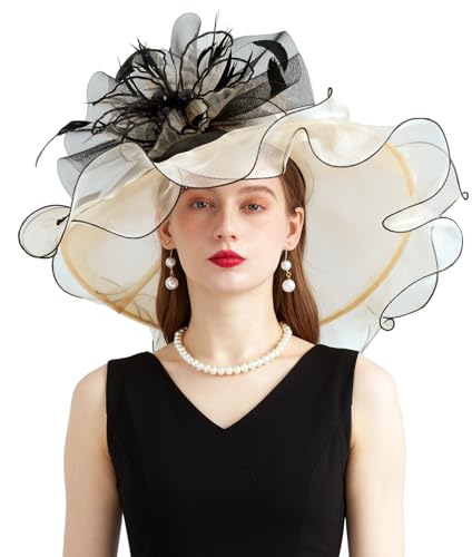 Women Organza Derby Hat Fascinator Tea Party Wedding Church Derby Hat Fascinator Hats Dual-use - color: 02b Beige